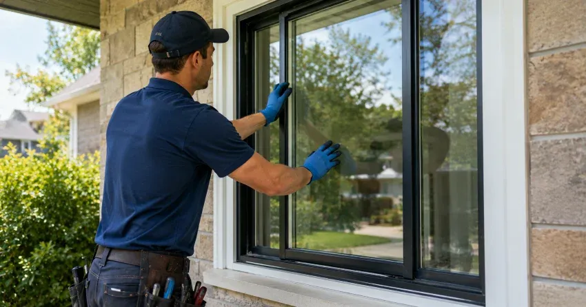 technician measuring a broken window pane for replacement in Macassa, Hamilton