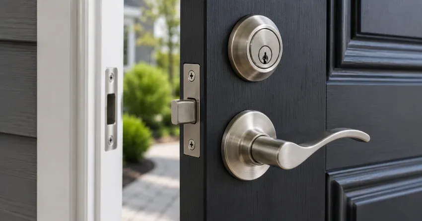 technician performing emergency door repair Raleigh, Hamilton at night
