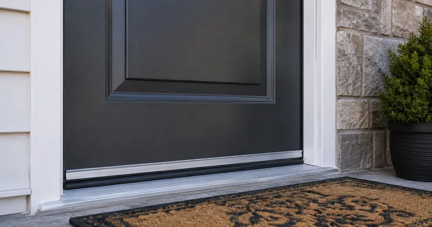 technician replacing worn door weatherstripping in Hamilton home