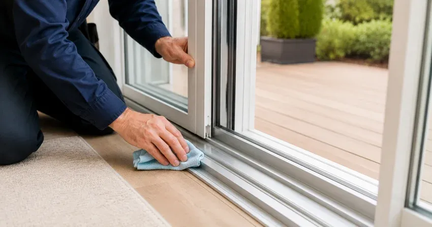 technician inspecting a sliding patio door track in Buchanan, Hamilton