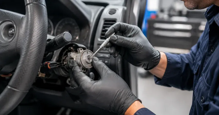 technician diagnosing an ignition lock repair issue in Jerome, Hamilton