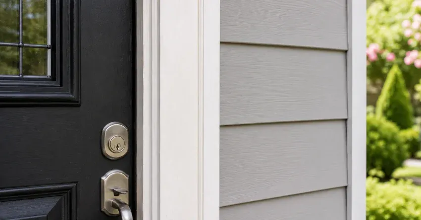 technician inspecting door jamb behind cracked casing in St. Clair, Hamilton home