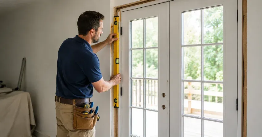 newly installed French doors with divided glass panes in McQuesten East, Hamilton