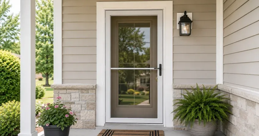 technician hanging storm door square and plumb in Jerome, Hamilton