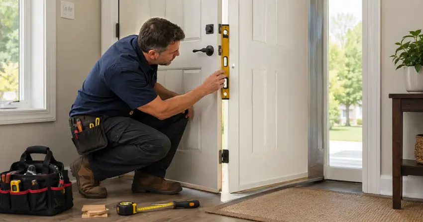 technician diagnosing a misaligned door frame in Rymal, Hamilton
