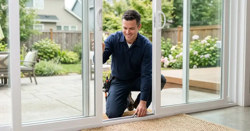 technician diagnosing a sticking patio door in Ancaster, Hamilton
