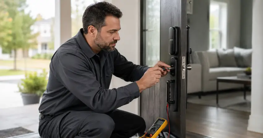 technician diagnosing automatic door lock mechanism on residential door in Hamilton