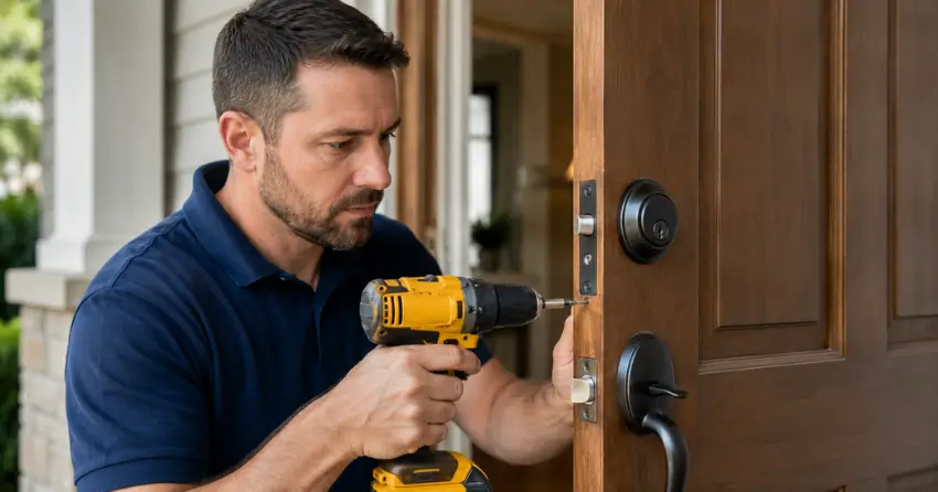 technician installing a new deadbolt during Change Door Lock Raleigh, Hamilton service