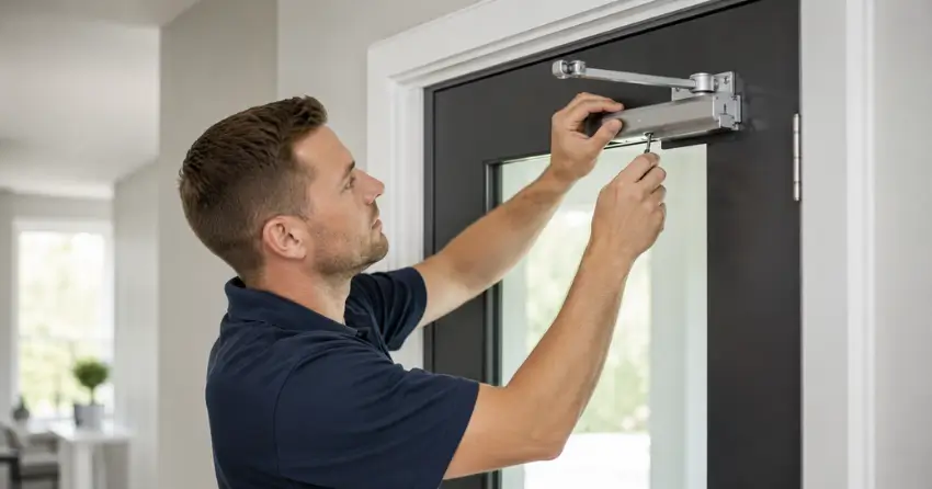 technician adjusting door closer hydraulic valve in Stipley, Hamilton home
