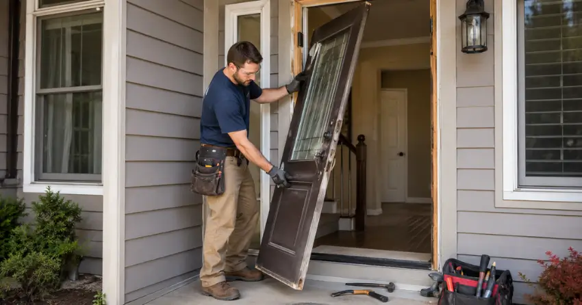 old exterior door being removed for replacement in Mountview, Hamilton