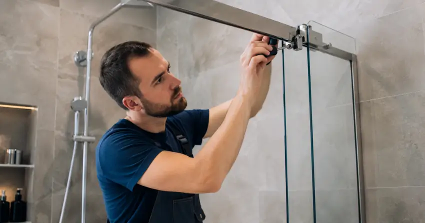 technician adjusting shower door hinge and track in Hamilton