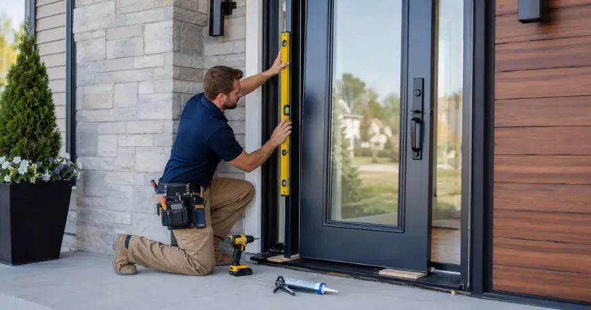glass outside door installation with energy-efficient double-pane glazing in Binbrook, Hamilton