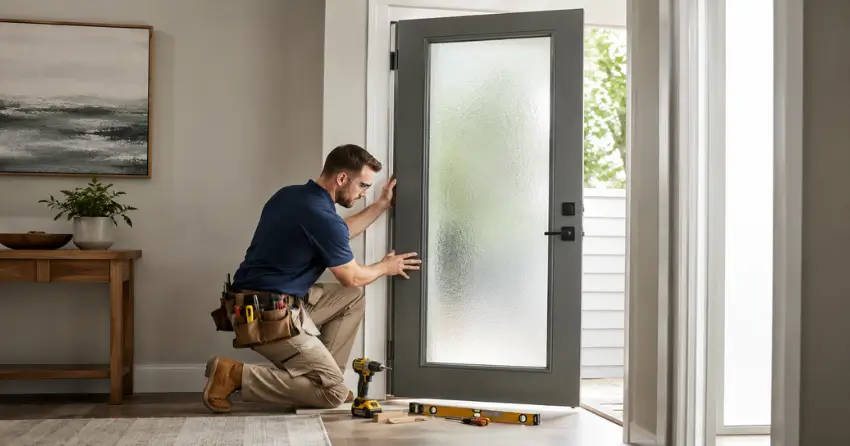 glass panel door installation with frosted privacy glass in residential setting in Blakely, Hamilton
