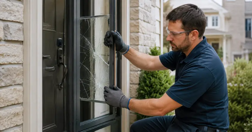 technician removing cracked storm door glass panel in Stipley, Hamilton