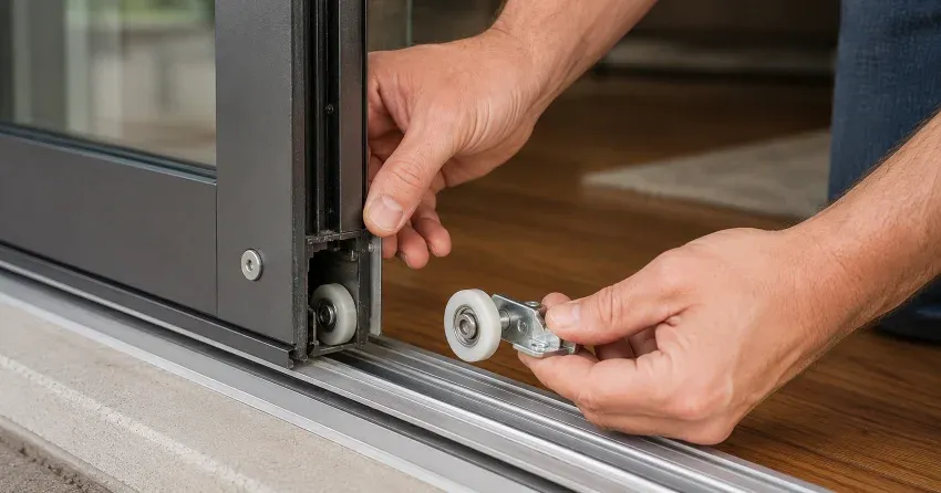 sliding door alignment Hamilton technician adjusting roller track