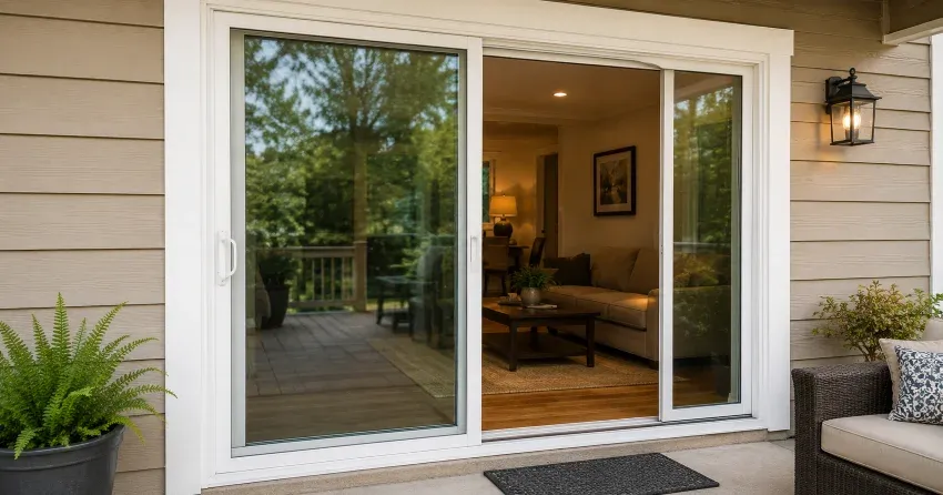 Patio Door Installation technician setting a new frame in Rymal, Hamilton