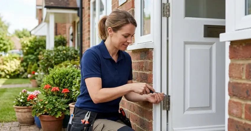 technician repairing exterior door hinge and frame in Hamilton
