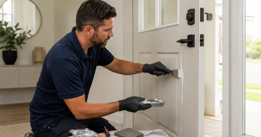 technician repairing fiberglass door surface crack in Binbrook, Hamilton