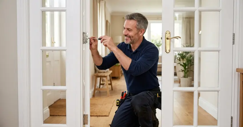 technician adjusting French door hinge for proper alignment in Stipley, Hamilton