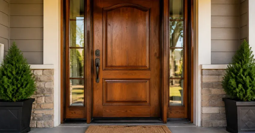 wood door mid-restoration showing stripped bare wood in Thorner, Hamilton