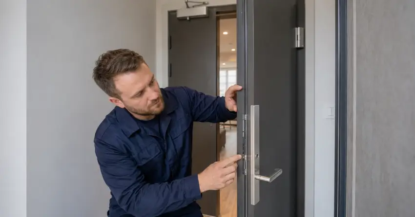 technician inspecting fire-rated door seal and hardware in Binbrook, Hamilton