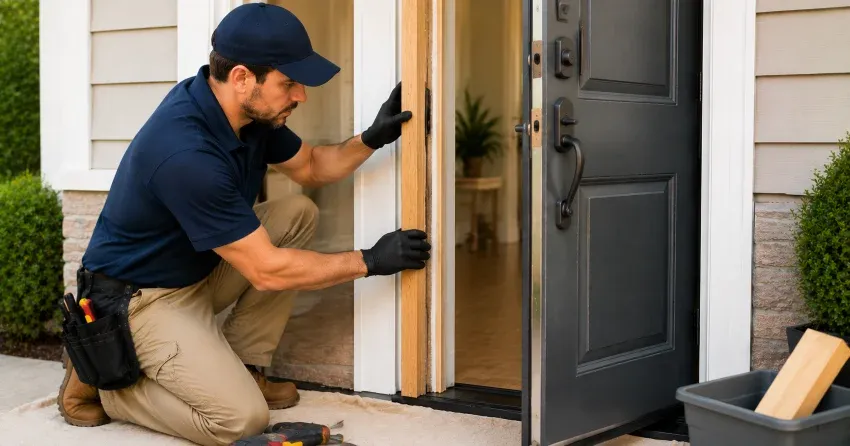 technician inspecting damaged door frame corner in Buchanan, Hamilton