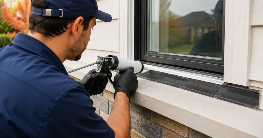 technician inspecting window flashing for leak source in St. Clair, Hamilton