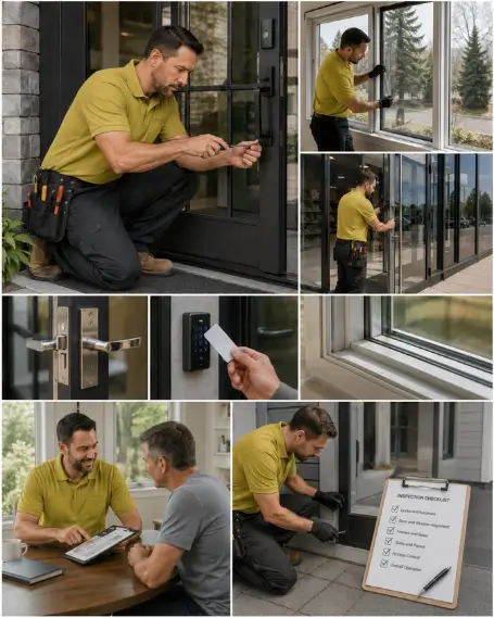 A technician fitting new locking hardware to an entry door